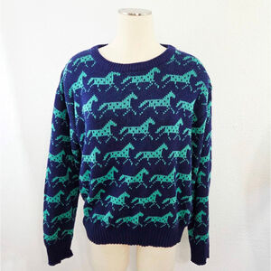 Vintage 80s horse sweater navy blue mint green running horses equestrian size 38